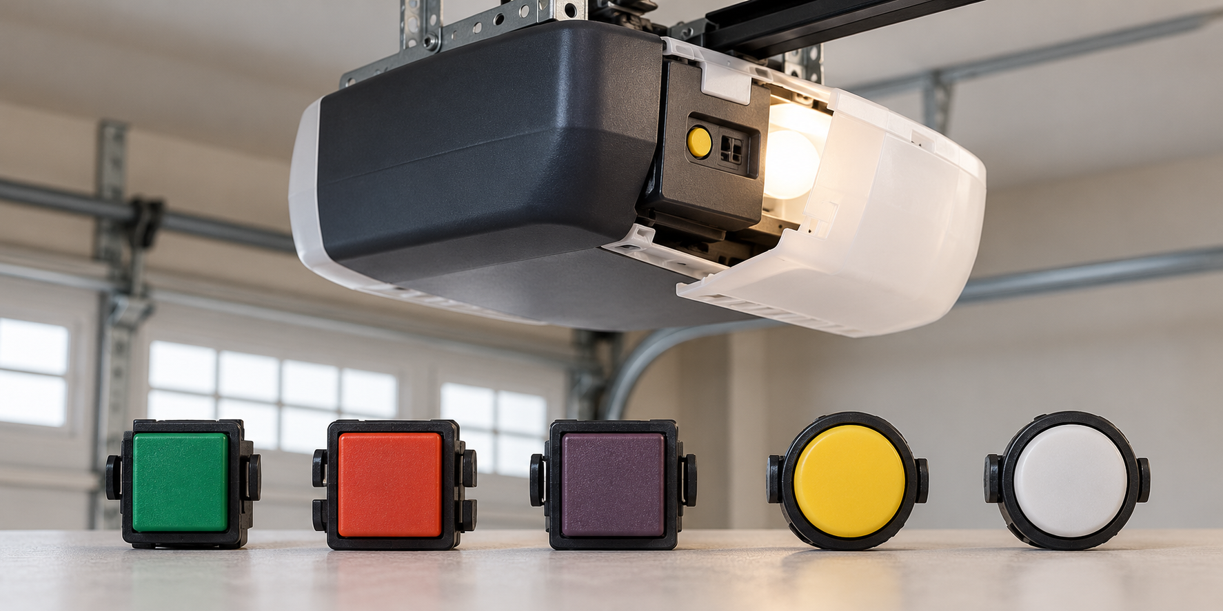 Five unbranded garage-door opener LEARN button examples arranged by green, red-orange, purple-brown, round yellow and round white generations.