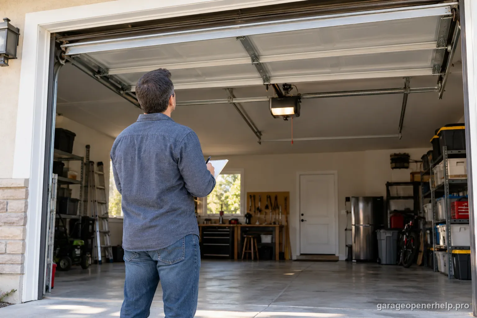 Homeowner standing clear of a fully open garage door and recording its model and any movement after the opener stops.