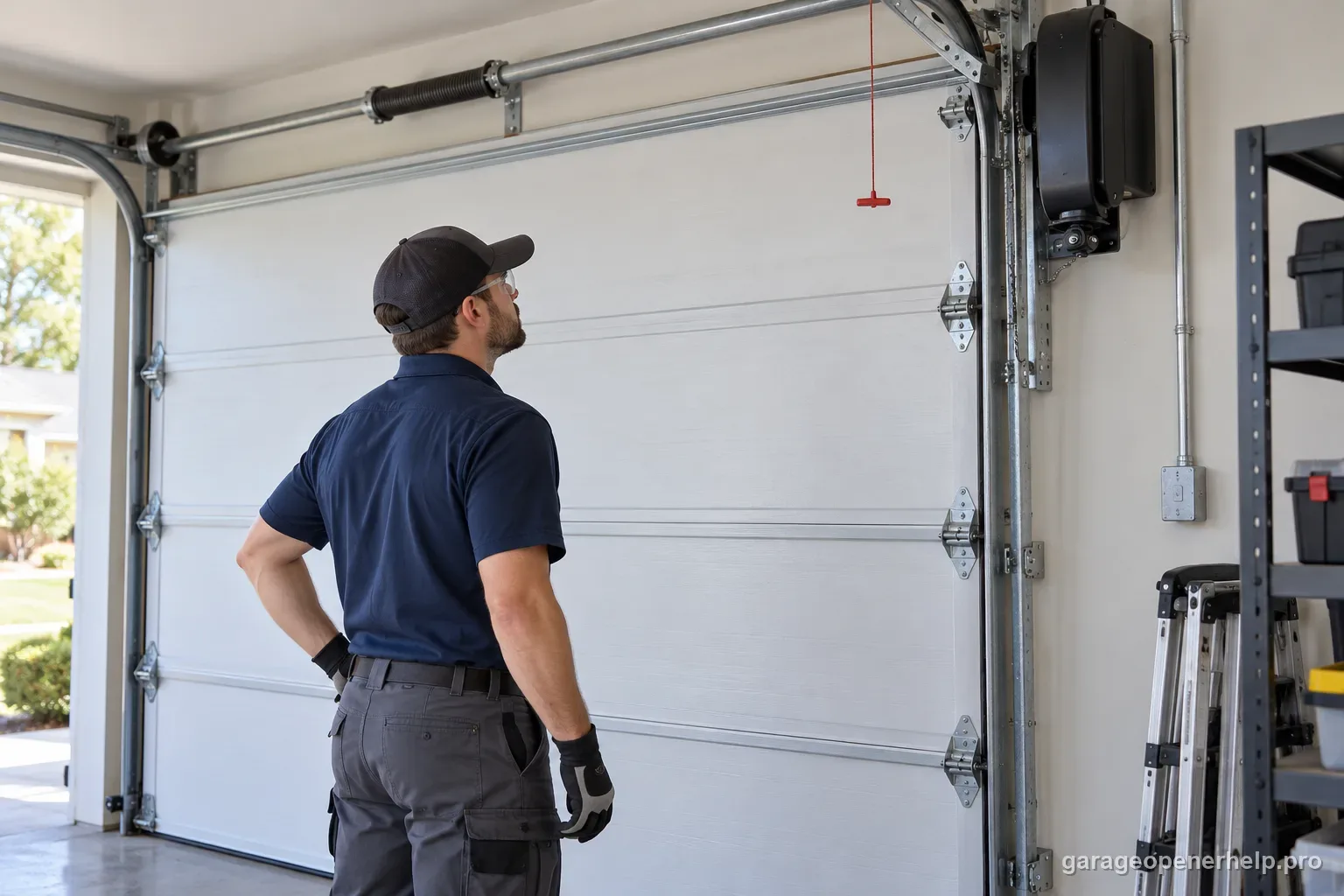 Garage door technician visually assessing a closed sectional door and wall-mounted jackshaft opener.