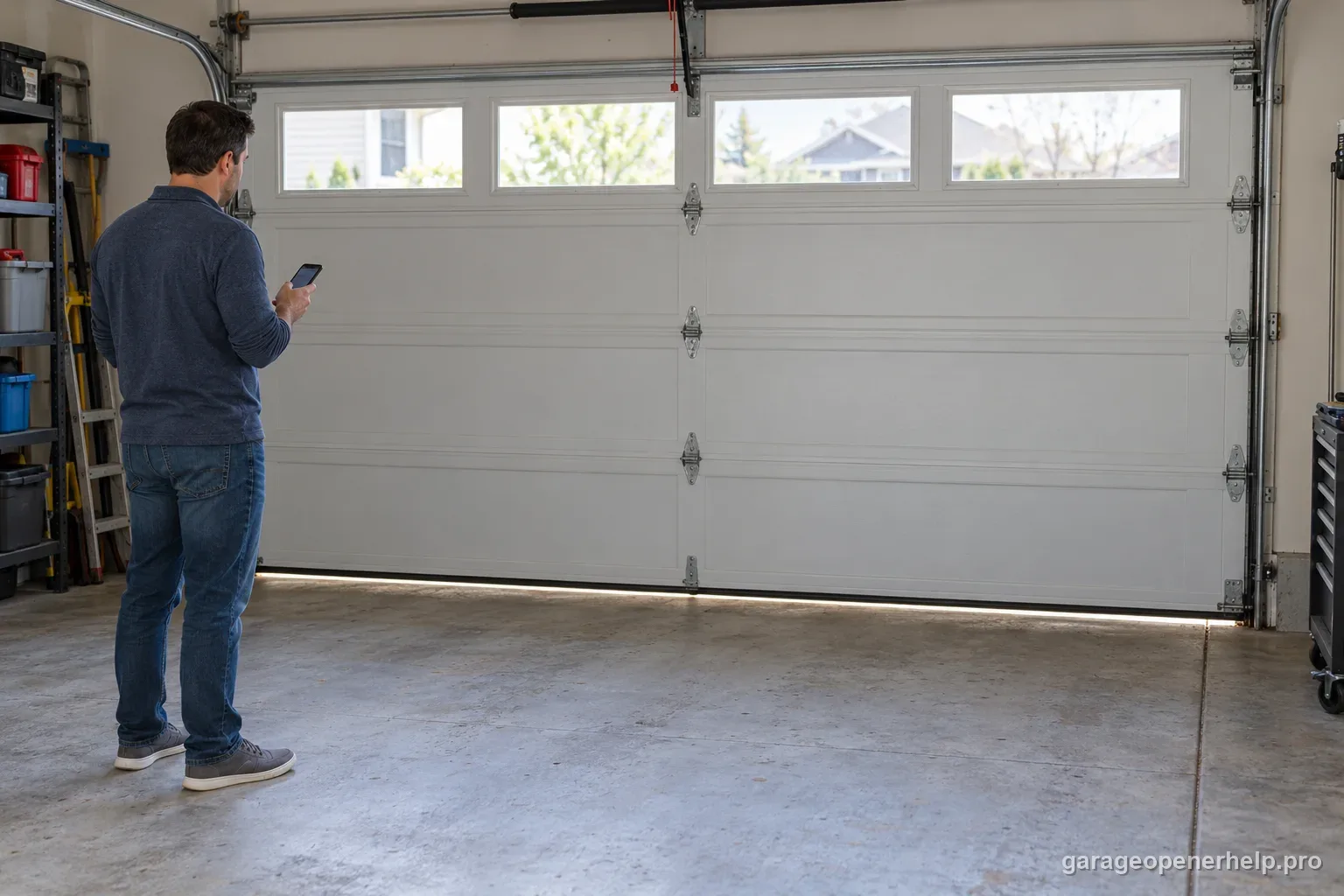 Homeowner standing clear of a closed garage door and recording where it reverses during downward travel.