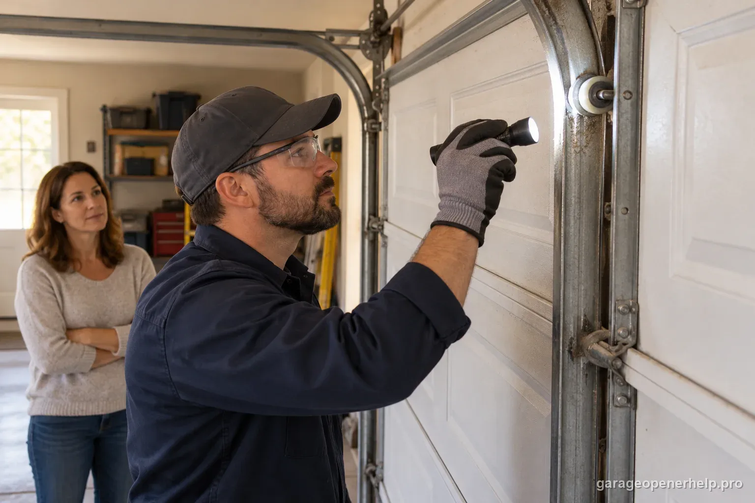 Garage-door technician visually checking a stationary roller and track while the homeowner watches from a safe distance.