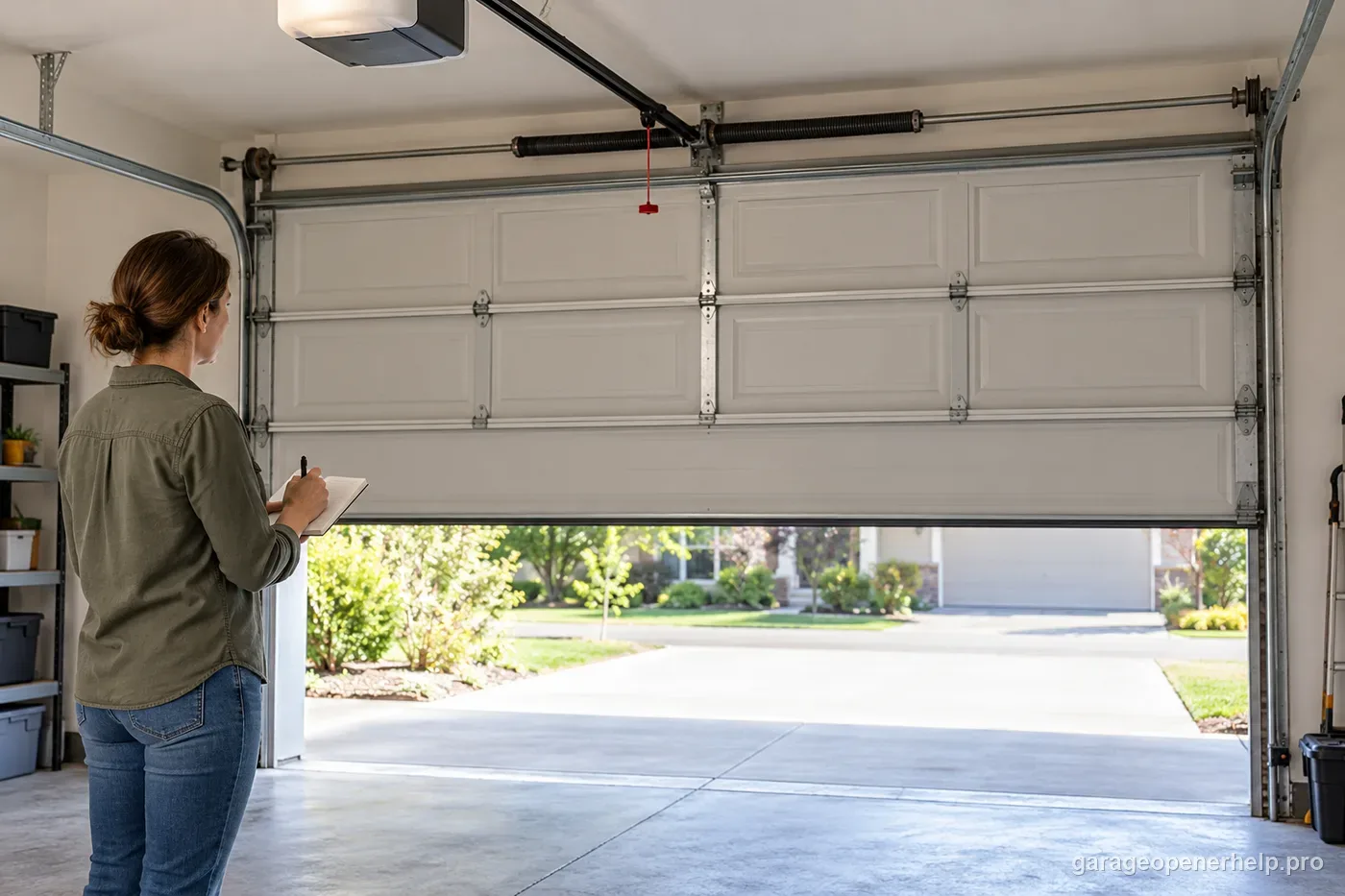 Homeowner standing clear of a partly open garage door while recording the opener model and where the door stopped.