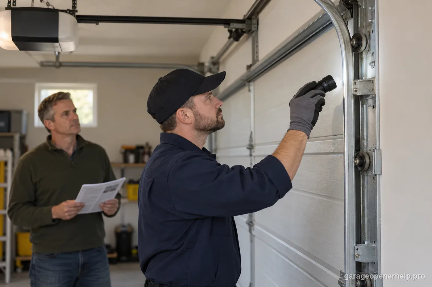 Garage door technician visually inspecting rollers and track beside a fully closed stationary door.