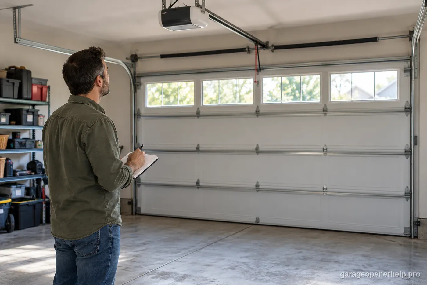 Homeowner standing clear of the stopped garage door while recording its reversal point and opener model for a service call.