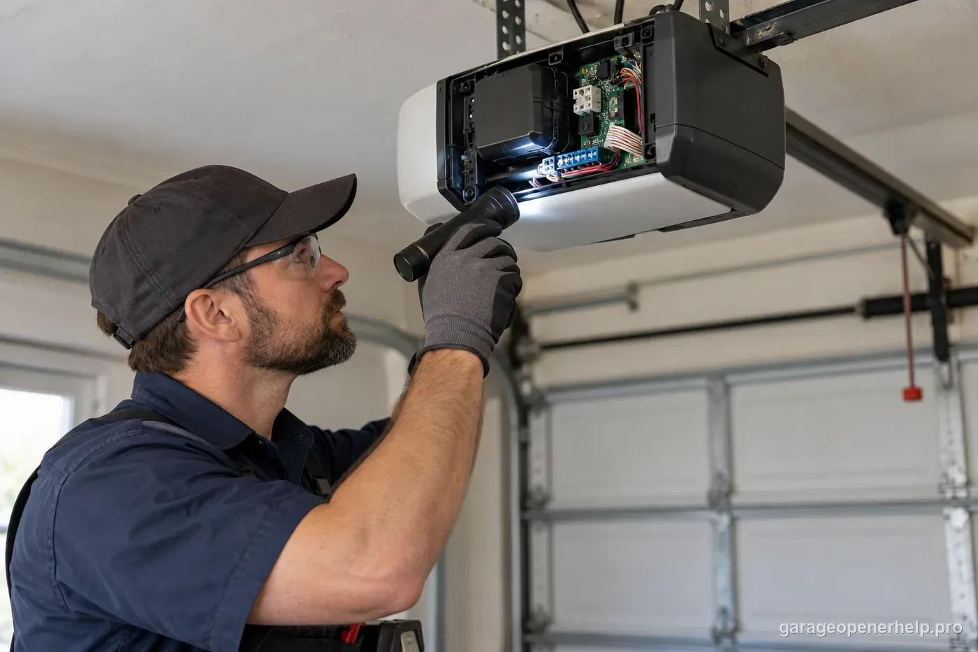 Garage door technician inspecting a stationary opener's travel-module wiring as a professional service task.
