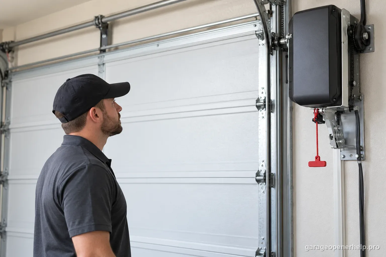 Technician visually checking a wall-mounted jackshaft opener emergency release beside a fully closed garage door.
