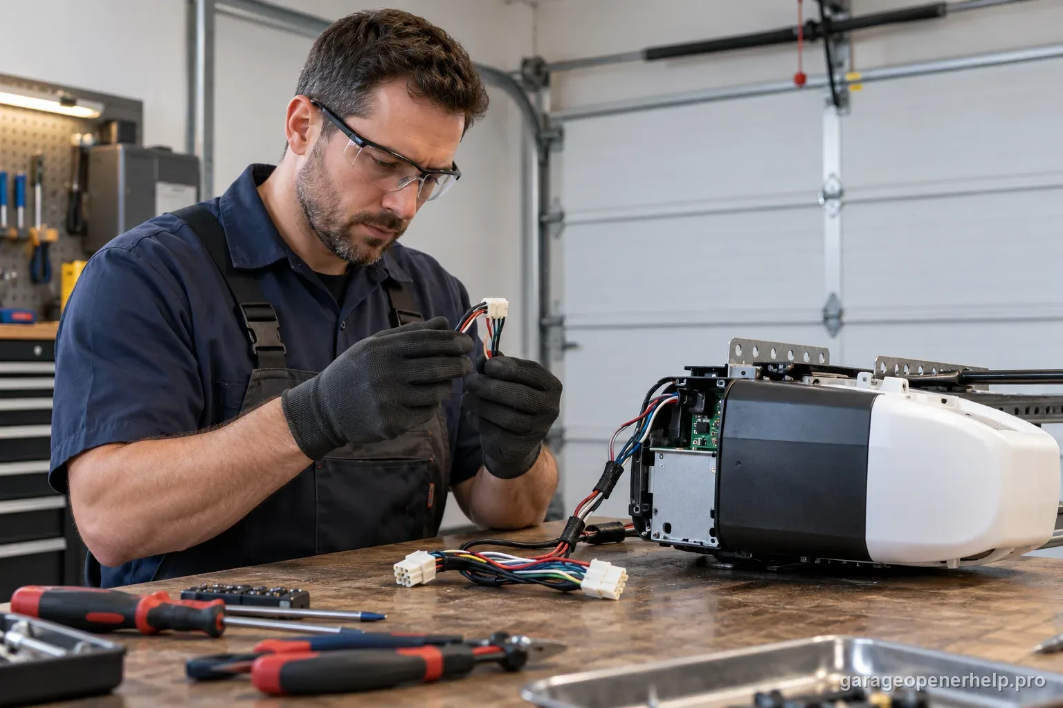 Trained garage door technician inspecting a travel-module wiring harness on a workbench beside an opener motor unit.