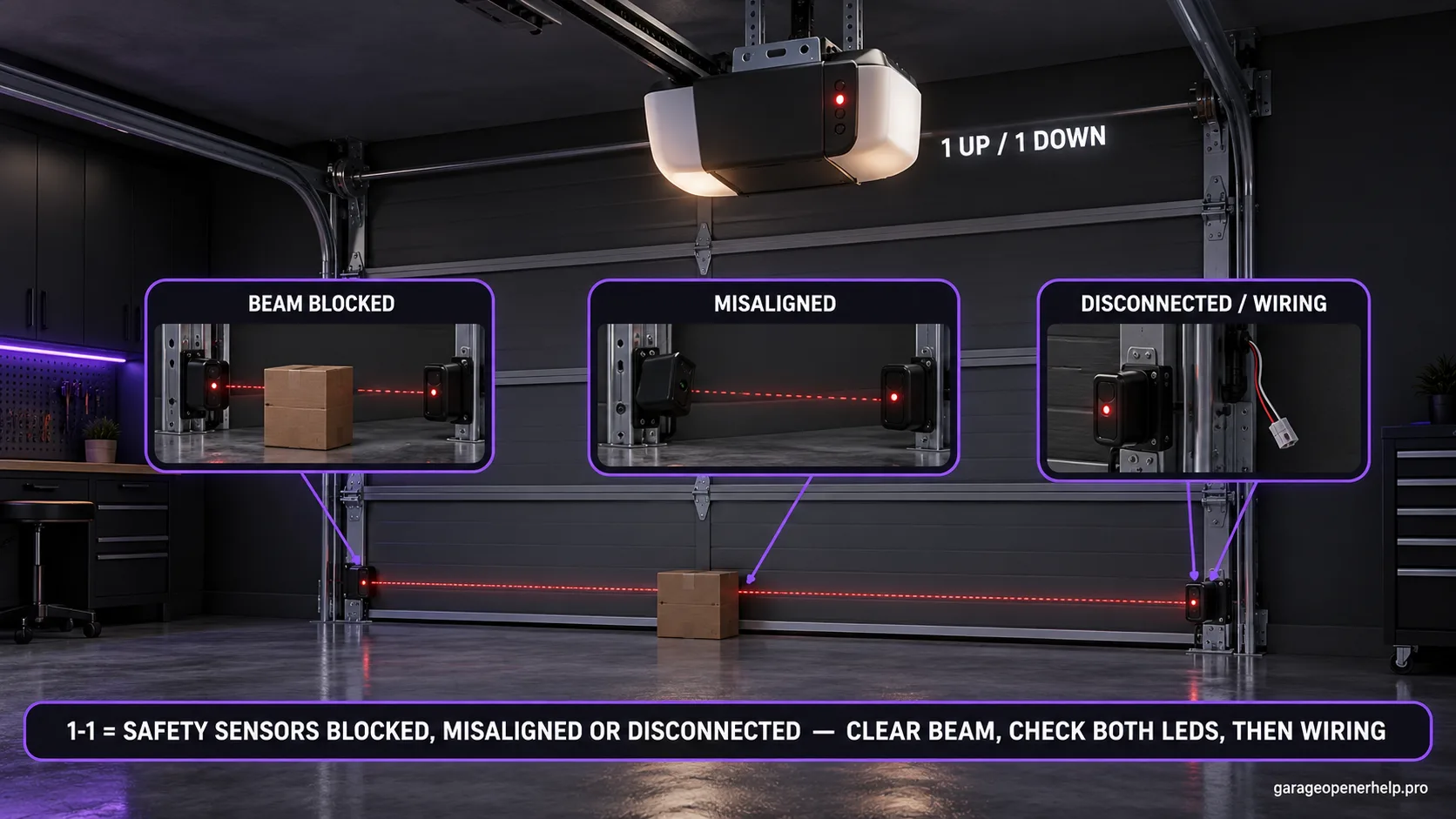 LiftMaster trolley opener flashing 1 UP / 1 DOWN with three safety-sensor callouts: beam blocked by a box, a misaligned sensor, and a disconnected sensor wire.