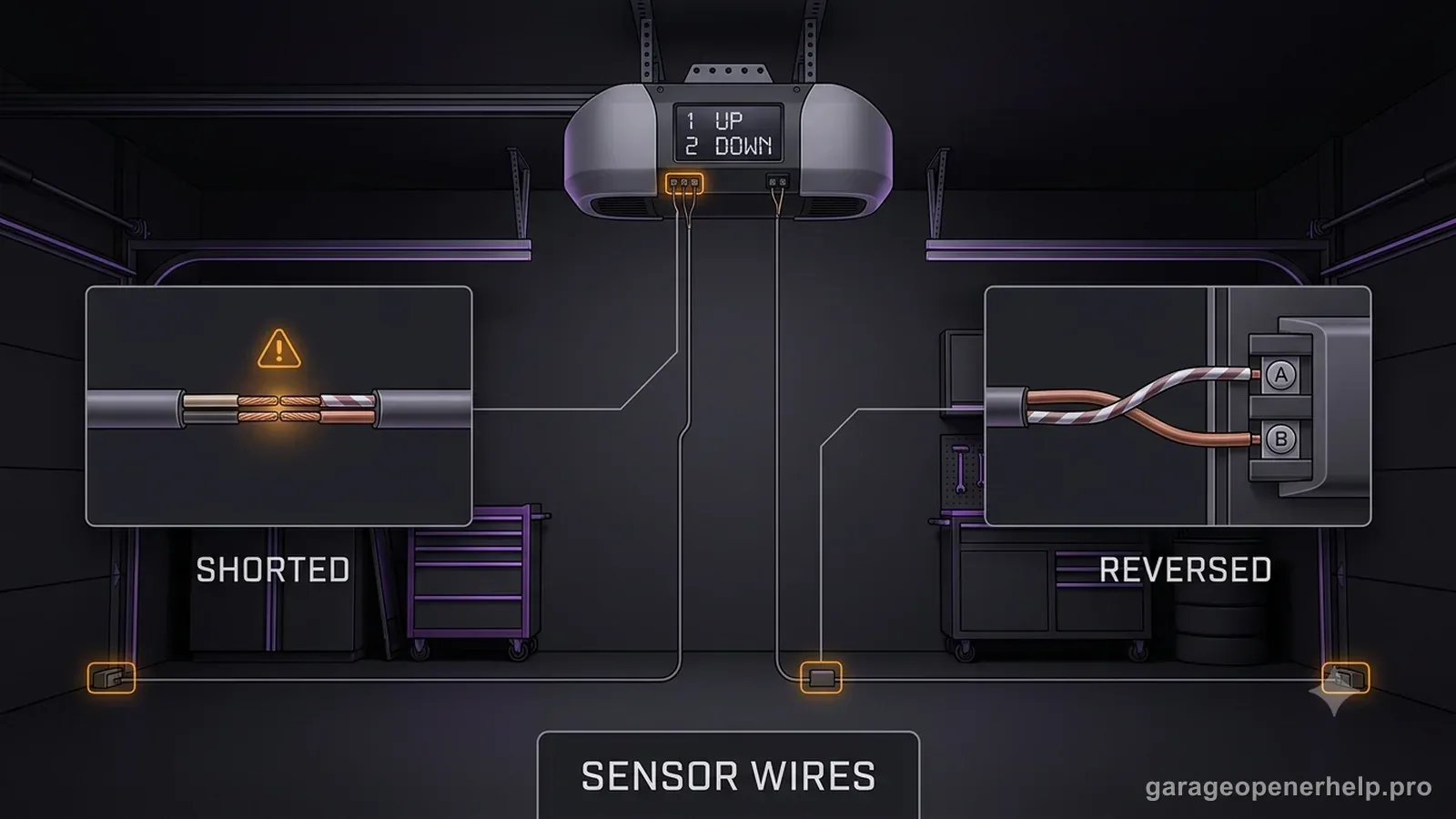 Garage door opener diagnostic illustration for code 1 UP 2 DOWN showing low-voltage safety-sensor wires shorted together and reversed at the sensor connection.