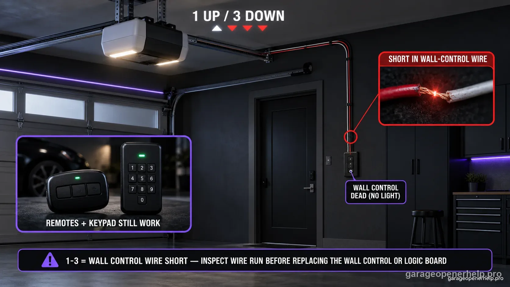 LiftMaster trolley opener flashing 1 UP / 3 DOWN with a shorted red/white wall-control wire highlighted and a dead wall control, while a remote and keypad still operate the opener.