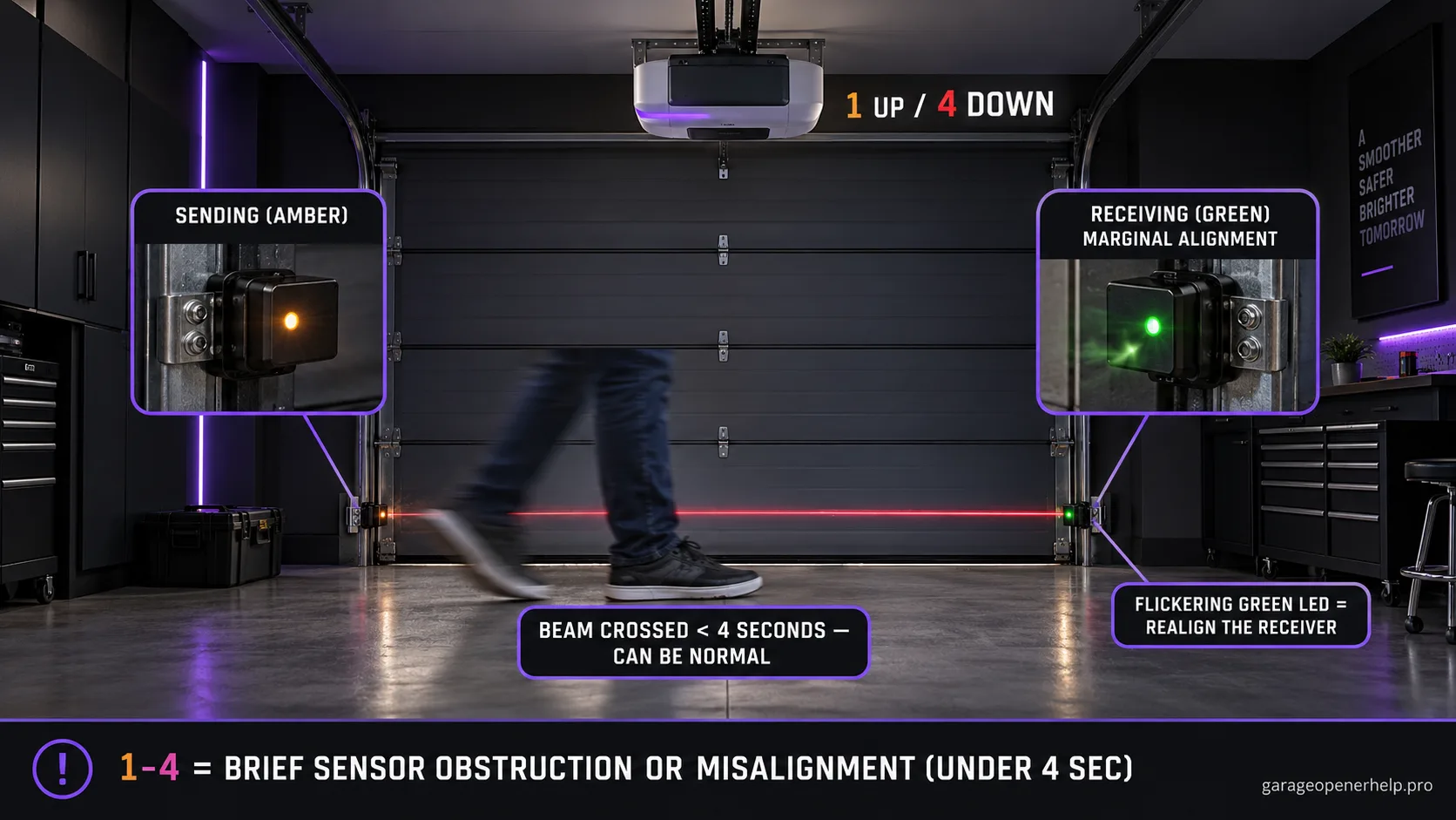 LiftMaster trolley opener flashing 1 UP / 4 DOWN with a person briefly crossing the safety-sensor beam and a flickering green receiving LED labelled marginal alignment.
