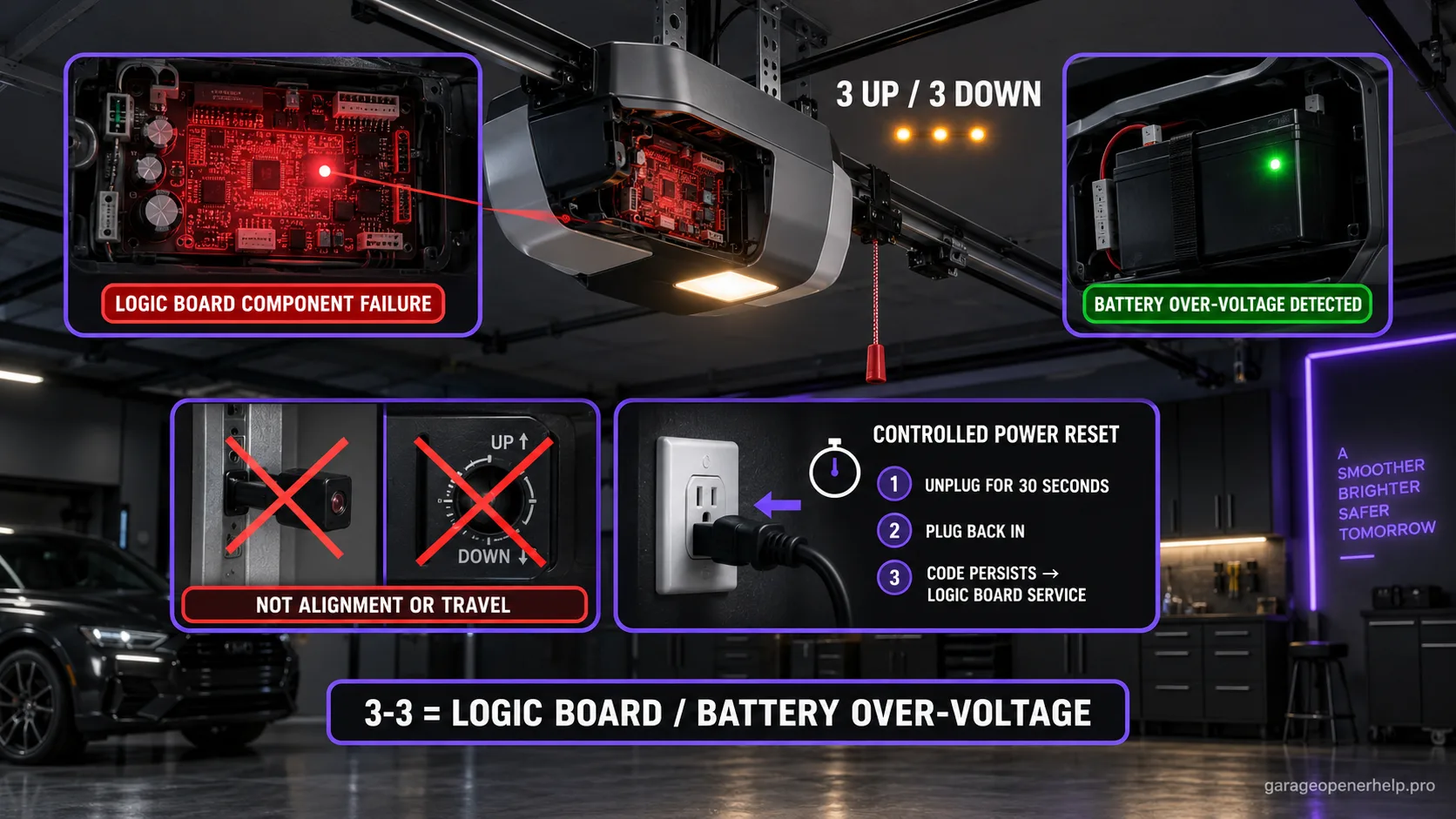 LiftMaster trolley opener flashing 3 UP / 3 DOWN with a failed logic board on one side, a backup battery whose LED flashes green constantly labelled battery over-voltage, and a controlled power-reset sequence.