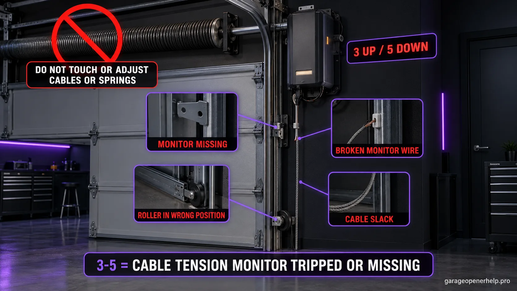 LiftMaster residential jackshaft opener beside the torsion shaft flashing 3 UP / 5 DOWN, with Cable Tension Monitor causes labelled — monitor missing, roller in wrong position, broken monitor wire, cable slack — and a warning not to touch the cables or springs.