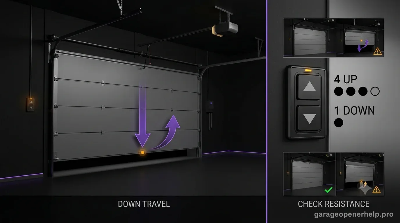 LiftMaster and Chamberlain-style 4 UP 1 DOWN garage door opener diagnostic illustration showing down travel, reversal, and a resistance/travel branch.
