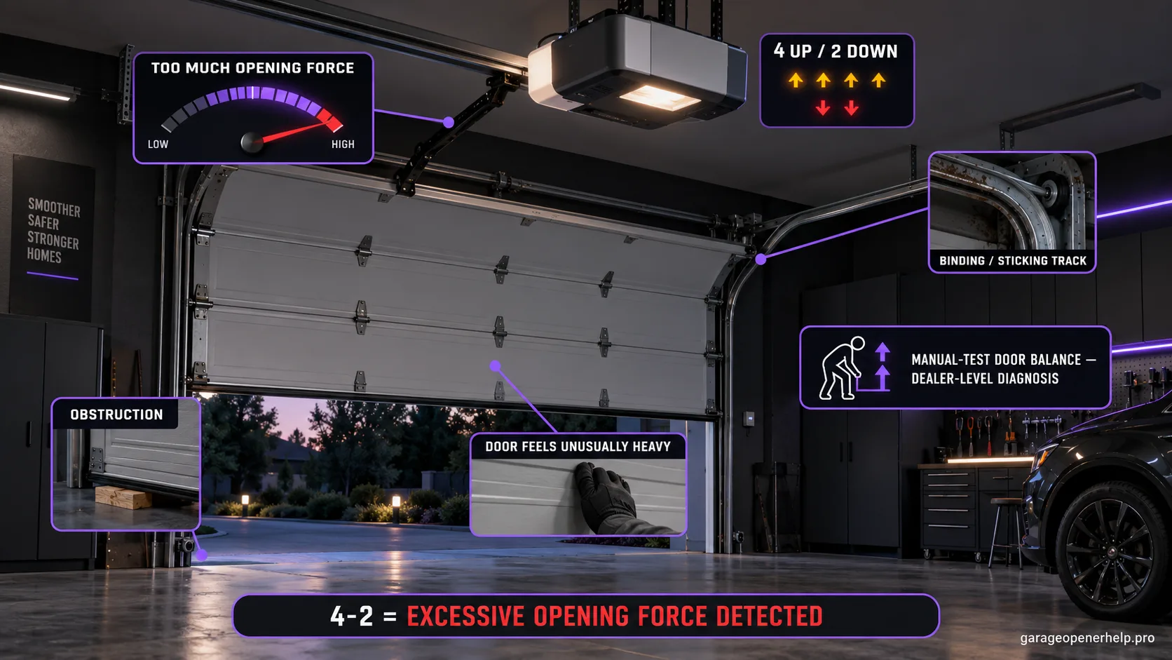 LiftMaster trolley opener flashing 4 UP / 2 DOWN with the door stopped partway open, a force gauge pegged high, and callouts for obstruction, a binding track and an unusually heavy door.