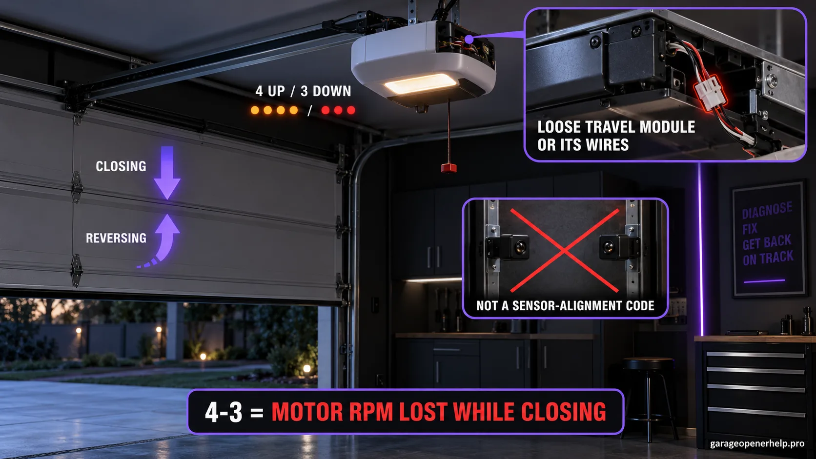 LiftMaster trolley opener flashing 4 UP / 3 DOWN with the door closing then reversing, a loose travel module and its wires highlighted, and a note that this is not a sensor-alignment code.