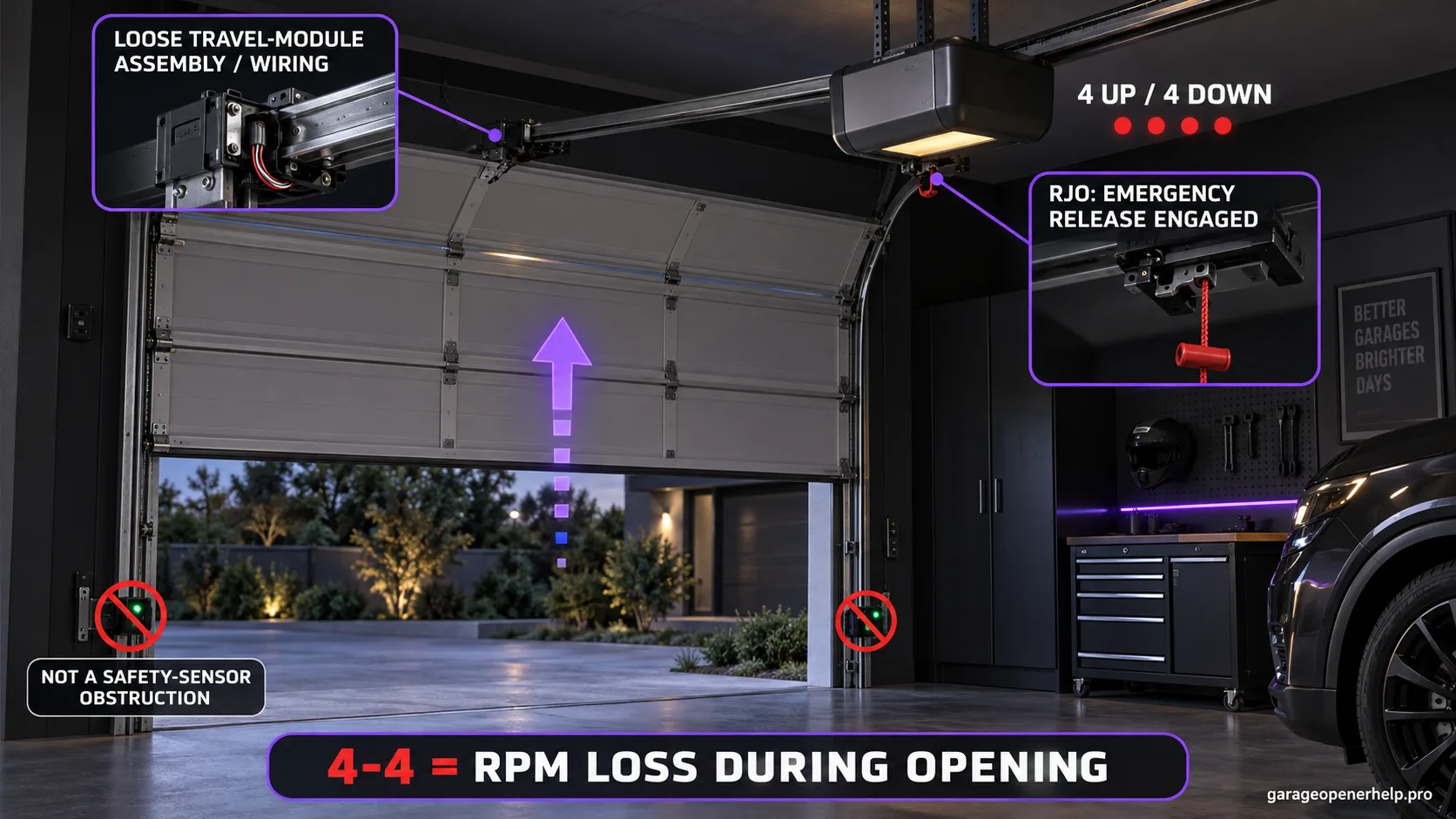 LiftMaster trolley opener flashing 4 UP / 4 DOWN with the door stalling while opening, a loose travel-module assembly highlighted, and an RJO emergency-release-engaged branch.
