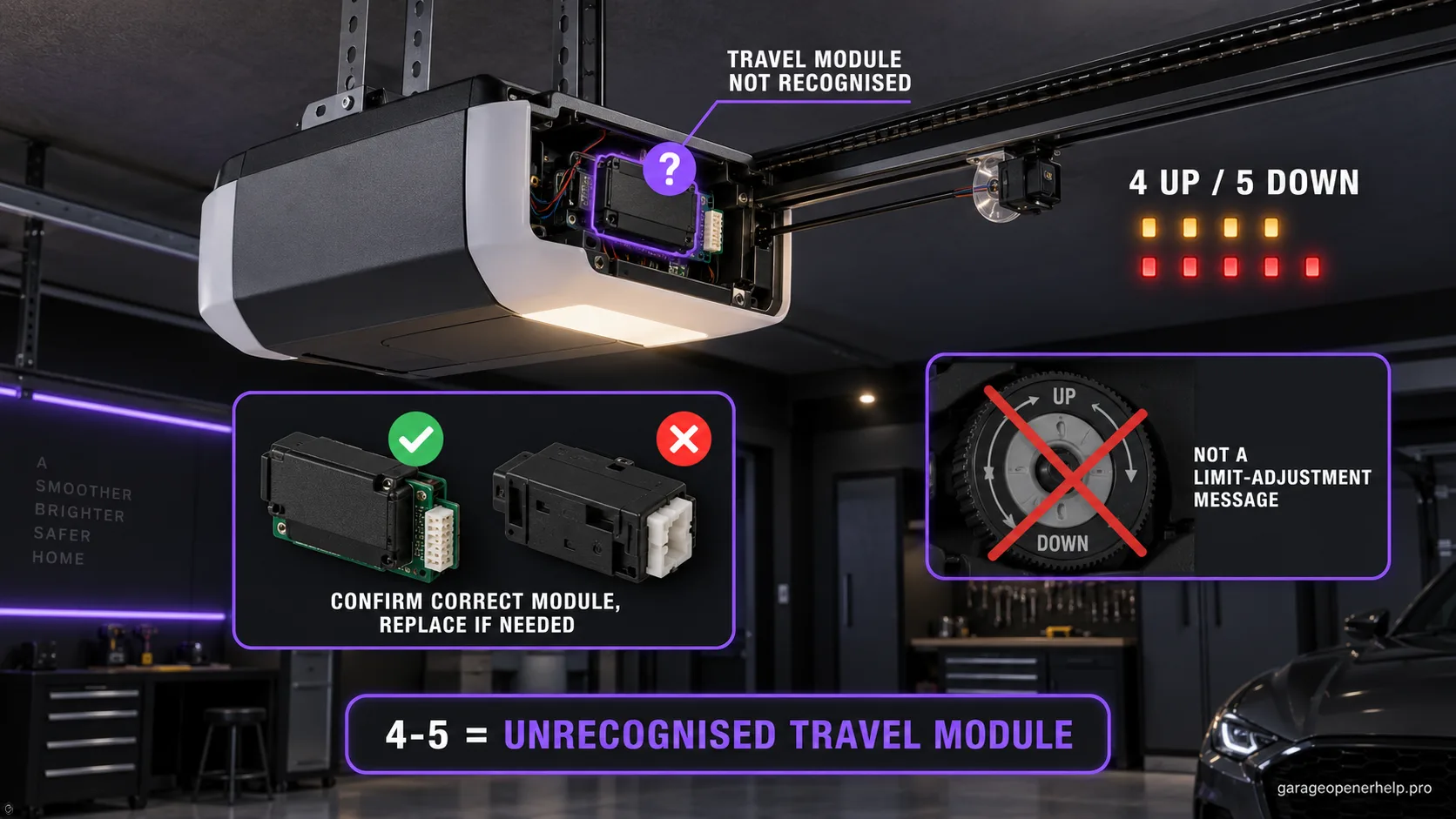 LiftMaster trolley opener flashing 4 UP / 5 DOWN with the rail cover open to show the travel module marked unrecognised, a correct-versus-wrong module comparison, and a crossed-out travel-limit dial.
