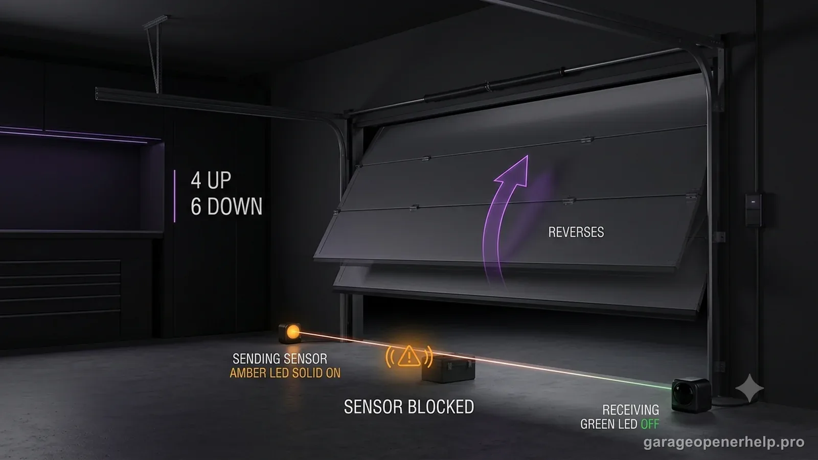 Garage door opener diagnostic illustration for code 4 UP 6 DOWN showing a steady amber sending sensor, an off green receiving sensor, a blocked safety beam, and the door reversing during a close attempt.