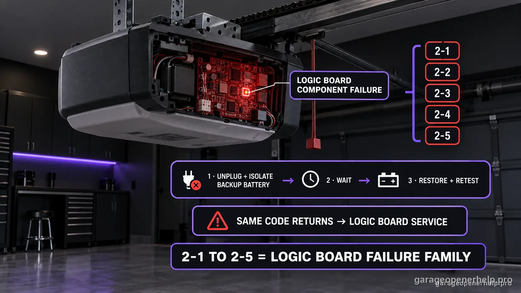 LiftMaster trolley opener with the light lens removed showing a logic board with a failed component, the codes 2-1 through 2-5 bracketed together, and a power-cycle-and-retest sequence.
