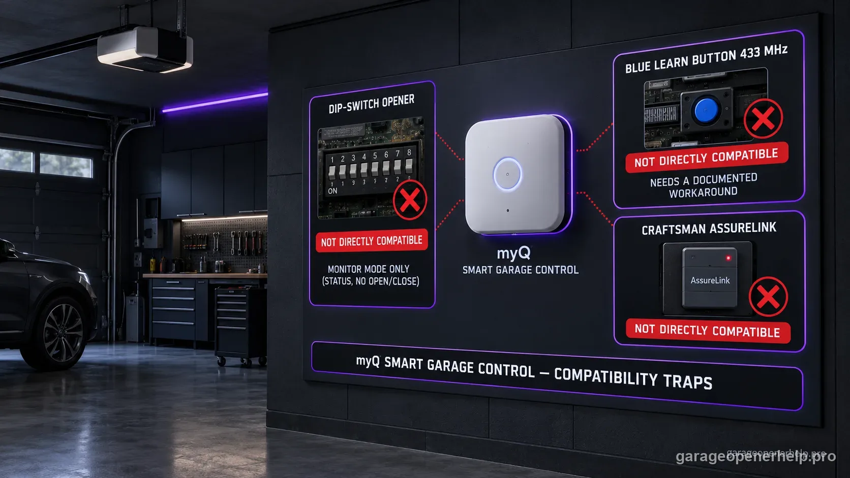 myQ Smart Garage Control compatibility-traps chart with three red-flagged panels: a dip-switch opener (monitor mode only), a blue 433 MHz Learn button (needs a workaround), and Craftsman AssureLink.